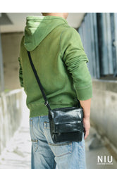Cool Black Wrinkled Leather Men Vertical Square Side Bags Black Messenger Bag Courier Bag For Men - imessengerbags