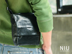 Cool Black Wrinkled Leather Men Vertical Square Side Bags Black Messenger Bag Courier Bag For Men - imessengerbags