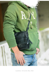 Cool Black Wrinkled Leather Men Vertical Square Side Bags Black Messenger Bag Courier Bag For Men - imessengerbags