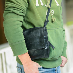 Cool Black Wrinkled Leather Men Vertical Square Side Bags Black Messenger Bag Courier Bag For Men