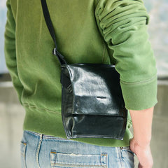 Cool Black Wrinkled Leather Men Vertical Square Side Bags Black Messenger Bag Courier Bag For Men - imessengerbags