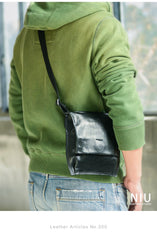 Cool Black Wrinkled Leather Men Vertical Square Side Bags Black Messenger Bag Courier Bag For Men - imessengerbags