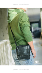 Cool Black Wrinkled Leather Men Vertical Square Side Bags Black Messenger Bag Courier Bag For Men - imessengerbags
