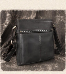 Black LEATHER MEN'S Small Side bag Vertical MESSENGER BAG Courier Shoulder Bag FOR MEN