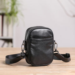 Black Leather MENS Small Vertical Side Bag Black MIni Messenger Bag Mobile Bag For Men