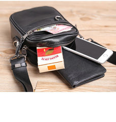 Black Leather MENS Small Vertical Side Bag Black MIni Messenger Bag Mobile Bag For Men - imessengerbags