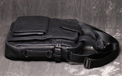 Black Leather Mens Laptop Work Bag Handbag Vertical Briefcase Shoulder Bags Black Business Bags For Men - imessengerbags
