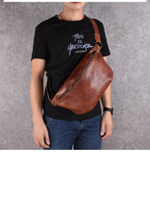 Black Leather Mens Large Sling Bag Leather Sling Pack Postman Bag Fanny Pack Shoulder Bag For Men