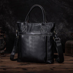 Black Leather Mens Vertical Work Bag Handbag Vertical Black Small Briefcase Shoulder Bag For Men