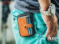 Black Brown Leather Mens Front Pocket Wallet Cool Small Zipper Card Wallet Key Wallet For Men - imessengerbags