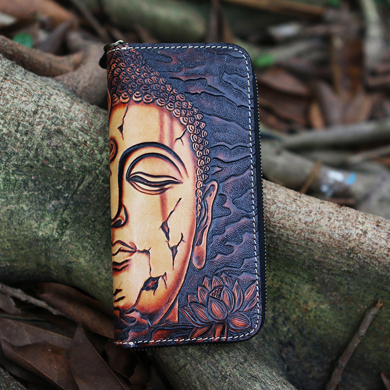 Black Tooled Buddha Leather Wallet Handmade Zipper Long Wallets For Men