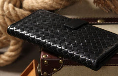 Black Braided Leather Mens Long Leather Wallet Bifold Wallet for Men - imessengerbags