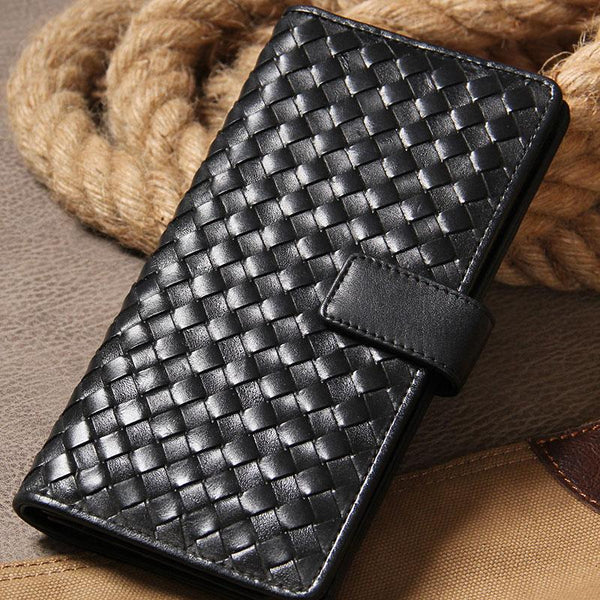 Black Braided Leather Mens Long Leather Wallet Bifold Wallet for Men
