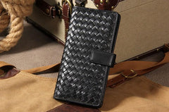 Black Braided Leather Mens Long Leather Wallet Bifold Wallet for Men - imessengerbags
