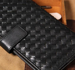 Black Braided Leather Mens Long Leather Wallet Bifold Wallet for Men - imessengerbags