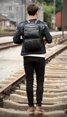 Cool Black Mens Leather 14 inches Computer Backpack College Backpacks School Backpack for men - imessengerbags