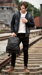 Cool Black Mens Leather 14-inch Computer Backpacks Travel Backpack School Backpacks for men - imessengerbags