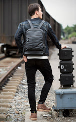 Cool Black Mens Leather 14-inch Computer Backpacks Travel Backpack School Backpacks for men - imessengerbags