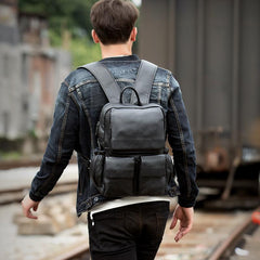 Cool Black Mens Leather 14 inches Computer Backpacks Cool Travel Backpacks School Backpack for men