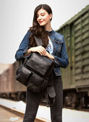 Cool Black Mens Leather 14 inches Computer Backpacks Cool Travel Backpacks School Backpack for men - imessengerbags