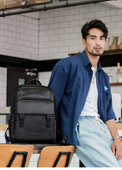 Business Black Mens Leather 15-inch Laptop Backpack School Backpacks Travel Backpacks for men