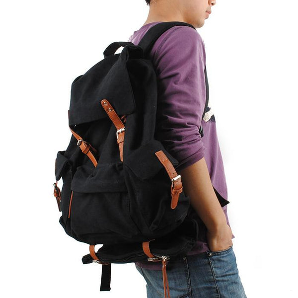 Black CANVAS Mens Casual Waterproof Computer Backpack Black Travel Backpack College Backpack Hiking Backpack For Men - imessengerbags
