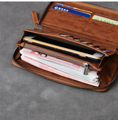 Black Leather Mens Long Wallet Zipper Brown Clutch Phone Wallet For Men - imessengerbags
