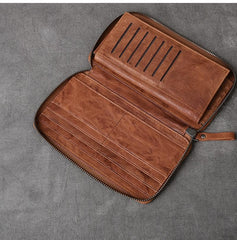 Black Leather Mens Long Wallet Zipper Brown Clutch Phone Wallet For Men - imessengerbags