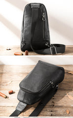 Black Cool Leather Mens Sling Bag Chest Bag Black One Shoulder Backpack Sling Pack for Men - imessengerbags