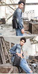 Black Cool Leather Mens Sling Bag Chest Bag Black One Shoulder Backpack Sling Pack for Men - imessengerbags