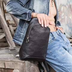 Black Cool Leather Mens Sling Bag Chest Bag Black One Shoulder Backpack Sling Pack for Men - imessengerbags