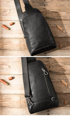 Black Cool Leather Mens Sling Bag Chest Bag Black One Shoulder Backpack Sling Pack for Men - imessengerbags