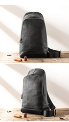 Black Cool Leather Mens Sling Bag Chest Bag Black One Shoulder Backpack Sling Pack for Men - imessengerbags