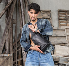 Black Cool Leather Mens Sling Bag Chest Bag Black One Shoulder Backpack Sling Pack for Men - imessengerbags