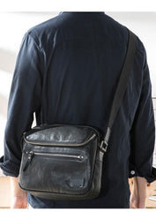 Casual Black Leather Mens 10 inches Postman Bag Black Courier Bag Messenger Bags Side Bag for Men