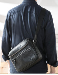 Casual Black Leather Mens 10 inches Postman Bag Black Courier Bag Messenger Bags Side Bag for Men