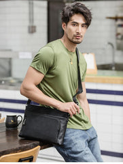Black Casual Leather Mens 10 inches Side Bag Postman Bag Black Messenger Bag Courier Bag for Men - imessengerbags