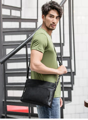 Black Casual Leather Mens 10 inches Side Bag Postman Bag Black Messenger Bag Courier Bag for Men