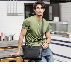 Black Casual Leather Mens 10 inches Side Bag Postman Bag Black Messenger Bag Courier Bag for Men - imessengerbags