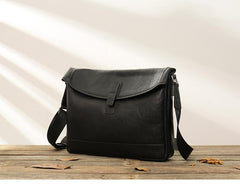 Black Casual Leather Mens 10 inches Side Bag Postman Bag Black Messenger Bags Courier Bag for Men - imessengerbags