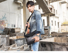 Black Casual Leather Mens 10 inches Side Bag Postman Bag Black Messenger Bags Courier Bag for Men - imessengerbags