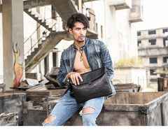 Black Casual Leather Mens 10 inches Side Bag Postman Bag Black Messenger Bags Courier Bag for Men - imessengerbags