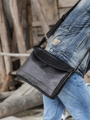 Black Casual Leather Mens 10 inches Side Bag Postman Bag Black Messenger Bags Courier Bag for Men - imessengerbags