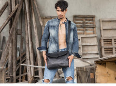 Black Casual Leather Mens 10 inches Side Bag Postman Bag Black Messenger Bags Courier Bag for Men - imessengerbags