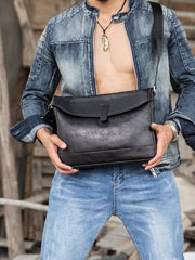 Black Casual Leather Mens 10 inches Side Bag Postman Bag Black Messenger Bags Courier Bag for Men