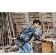 Black Casual Leather Mens 10 inches Side Bag Postman Bag Black Messenger Bags Courier Bag for Men - imessengerbags