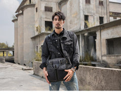 Black Casual Leather Mens 10 inches Vertical Briefcase Side Bags Postman Bag Black Work Bag Courier Bag for Men - imessengerbags