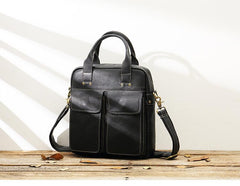 Black Casual Leather Mens 10 inches Vertical Briefcase Side Bags Postman Bag Black Work Bag Courier Bag for Men - imessengerbags