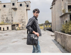 Black Casual Leather Mens 10 inches Vertical Briefcase Side Bags Postman Bag Black Work Bag Courier Bag for Men - imessengerbags