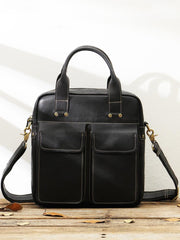 Black Casual Leather Mens 10 inches Vertical Briefcase Side Bags Postman Bag Black Work Bag Courier Bag for Men - imessengerbags